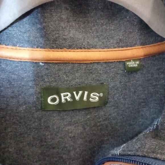 Orvis Mens Blue Quarter-Zip Pullover Sweater With Leather Elbow Patches L - Picture 4 of 5